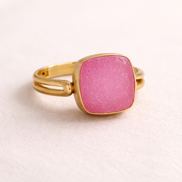 Jewelry - Pink Druzy Quartz Ring – Adjustable Brushed Gold-Toned Bezel Set Statement Ring
